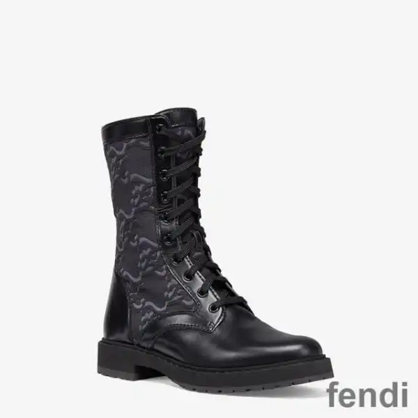 Affordable Fendi Signture Biker Boots Women Leather with FF Karligraphy Motif Fabric Black