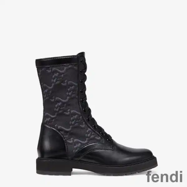 Affordable Fendi Signture Biker Boots Women Leather with FF Karligraphy Motif Fabric Black