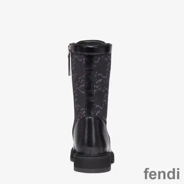 Affordable Fendi Signture Biker Boots Women Leather with FF Karligraphy Motif Fabric Black