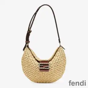 Fendi Small Croissant Hobo Bag In Woven Straw Beige