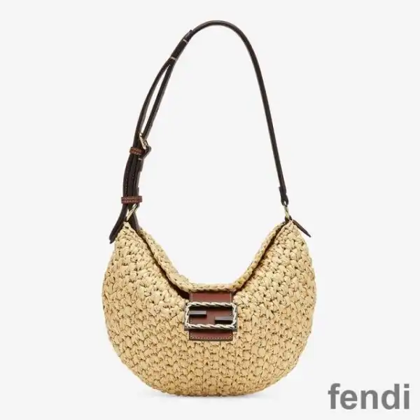 Cheap Fendi Small Croissant Hobo Bag In Woven Straw Beige