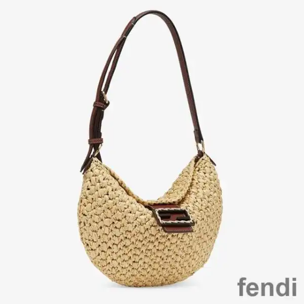 Cheap Fendi Small Croissant Hobo Bag In Woven Straw Beige