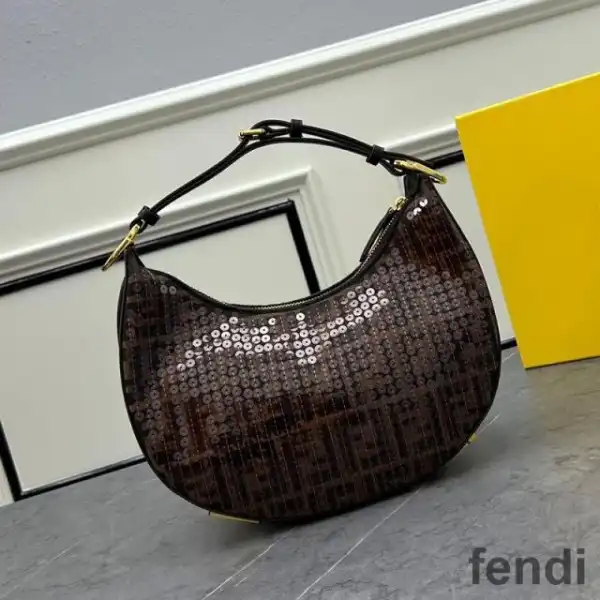 Affordable Fendi Small Fendigraphy Hobo Bag In FF Motif Fabric with Sequins Brown