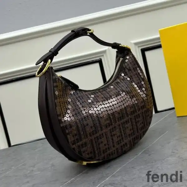 Affordable Fendi Small Fendigraphy Hobo Bag In FF Motif Fabric with Sequins Brown