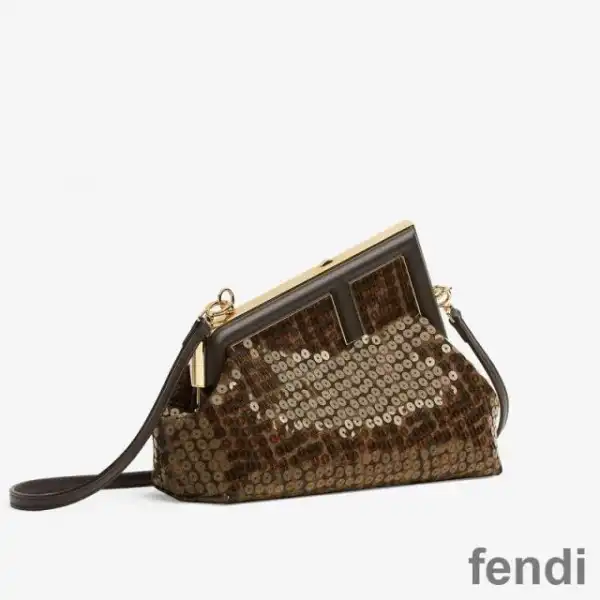 Cheap Fendi Small First Bag In FF Motif Fabric with Sequins Brown