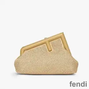 Fendi Small First Bag In Raffia Macrame Beige