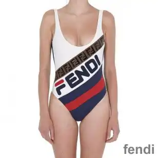 Fendi Swimsuit Women Fila Logo Motif Lycra White Blue