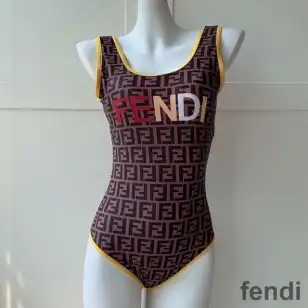 Fendi Swimsuit Women Logo FF Motif Lycra Brown Yellow