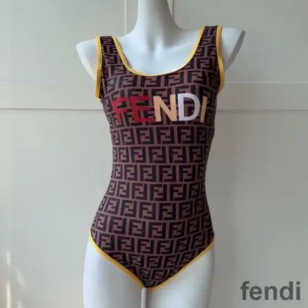 Cheap Fendi Swimsuit Women Logo FF Motif Lycra Brown Yellow