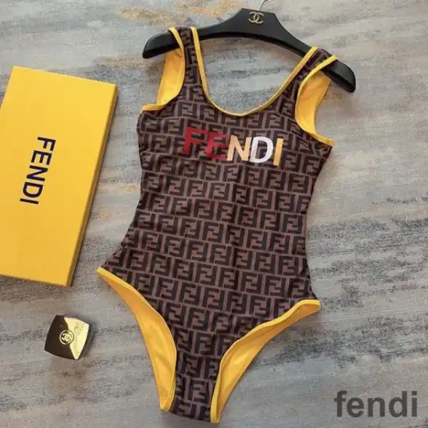 Cheap Fendi Swimsuit Women Logo FF Motif Lycra Brown Yellow