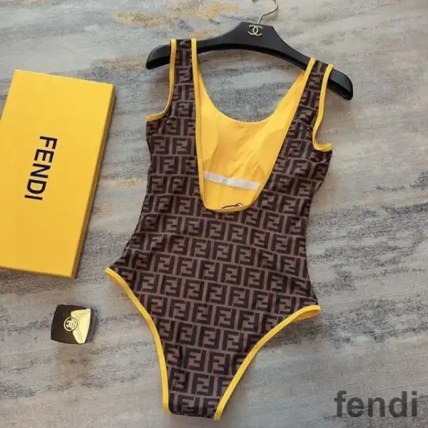 Cheap Fendi Swimsuit Women Logo FF Motif Lycra Brown Yellow