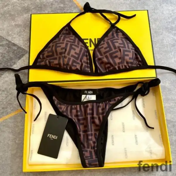 Affordable Fendi Triangle Bikini with Ties Women FF Motif Lycra Brown Black