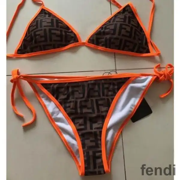 Affordable Fendi Triangle Bikini with Ties Women FF Motif Lycra Brown Orange