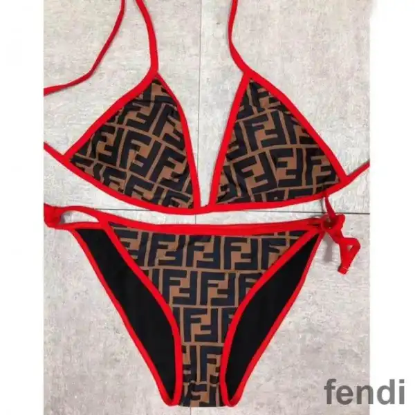 Affordable Fendi Triangle Bikini with Ties Women FF Motif Lycra Brown Red