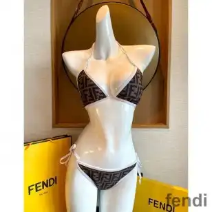 Fendi Triangle Bikini with Ties Women FF Motif Lycra Brown White