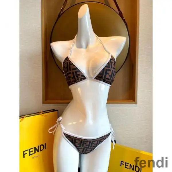 Affordable Fendi Triangle Bikini with Ties Women FF Motif Lycra Brown White