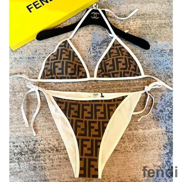 Affordable Fendi Triangle Bikini with Ties Women FF Motif Lycra Brown White