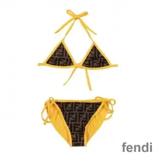 Fendi Triangle Bikini with Ties Women FF Motif Lycra Brown Yellow