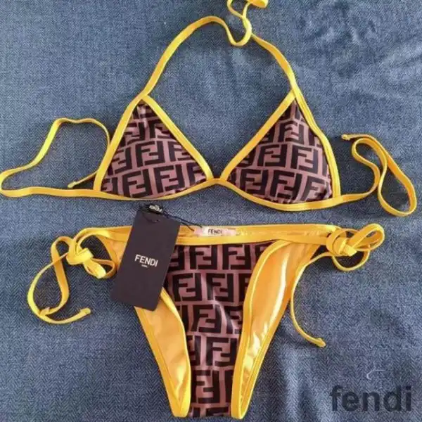 Affordable Fendi Triangle Bikini with Ties Women FF Motif Lycra Brown Yellow