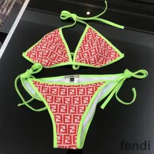 Fendi Triangle Bikini with Ties Women FF Motif Lycra Red Green