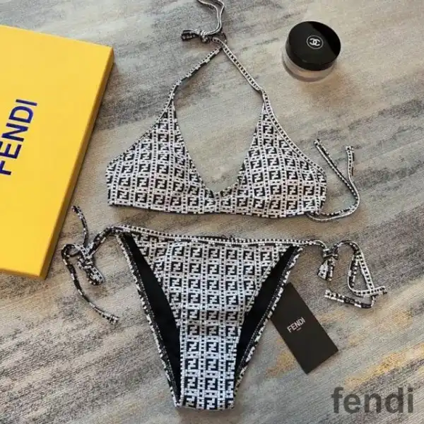 Affordable Fendi Triangle Bikini with Ties Women Jacquard FF Motif Lycra Black White