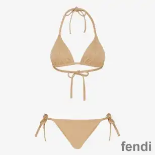 Fendi Triangular Bikini with Ties Women FF Motif Lycra Beige