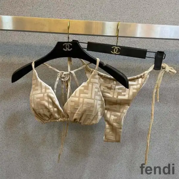 Affordable Fendi Triangular Bikini with Ties Women FF Motif Lycra Beige