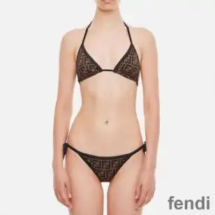 Fendi Triangular Bikini with Ties Women FF Motif Lycra Brown Black