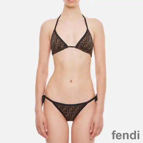 Cheap Fendi Triangular Bikini with Ties Women FF Motif Lycra Brown Black