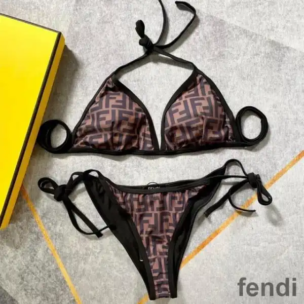 Cheap Fendi Triangular Bikini with Ties Women FF Motif Lycra Brown Black