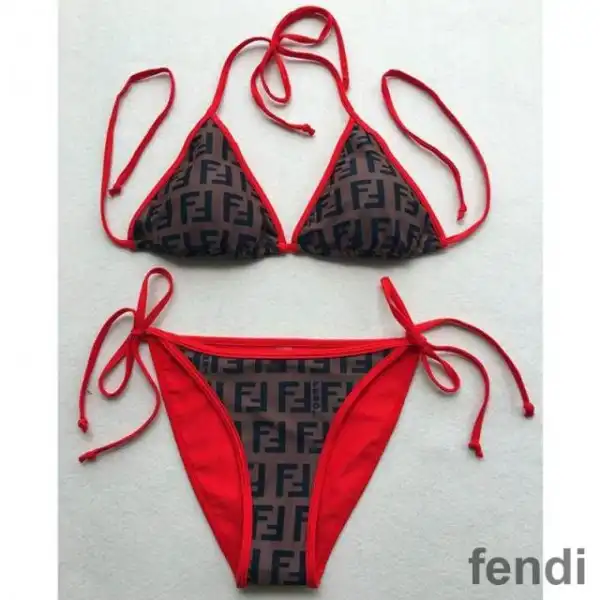 Affordable Fendi Triangular Bikini with Ties Women FF Motif Lycra Brown Red