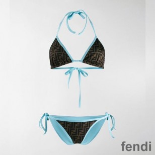 Fendi Triangular Bikini with Ties Women FF Motif Lycra Brown Sky Blue