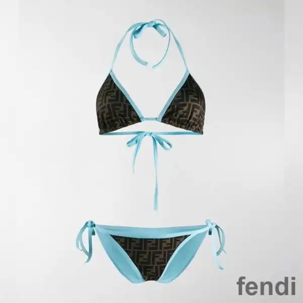 Affordable Fendi Triangular Bikini with Ties Women FF Motif Lycra Brown Sky Blue