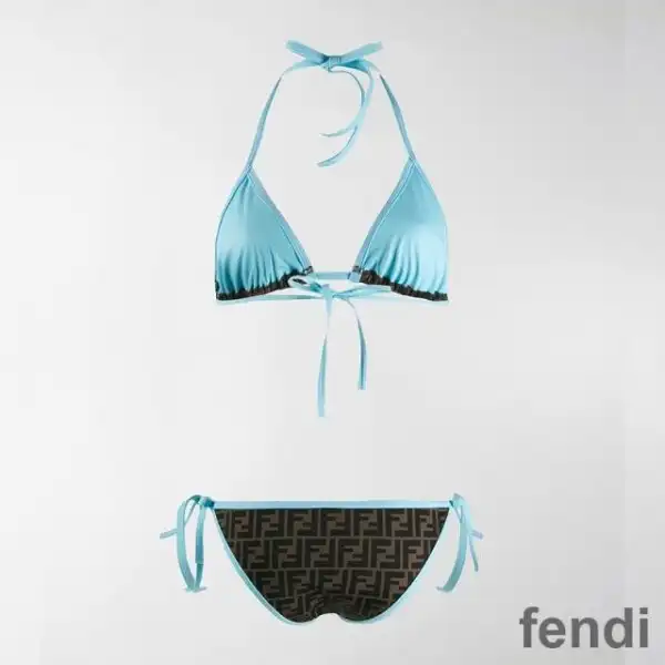 Affordable Fendi Triangular Bikini with Ties Women FF Motif Lycra Brown Sky Blue