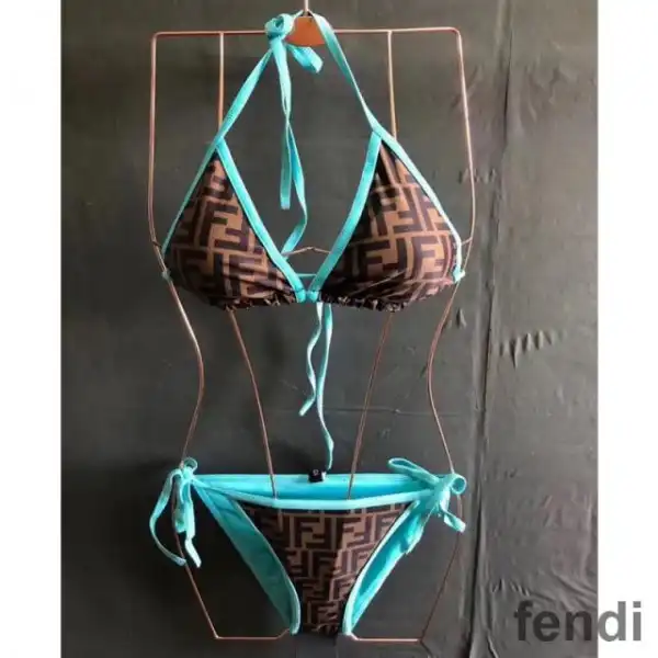 Affordable Fendi Triangular Bikini with Ties Women FF Motif Lycra Brown Sky Blue