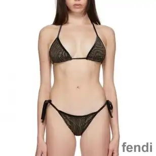 Fendi Triangular Bikini with Ties Women FF Vertigo Motif Lycra Brown Black