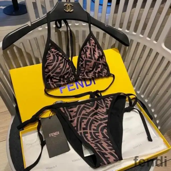 Affordable Fendi Triangular Bikini with Ties Women FF Vertigo Motif Lycra Brown Black