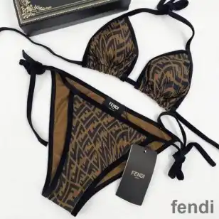 Fendi Triangular Bikini with Ties Women FF Vertigo Motif Lycra Brown