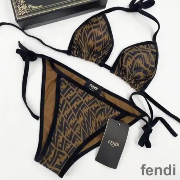 Cheap Fendi Triangular Bikini with Ties Women FF Vertigo Motif Lycra Brown