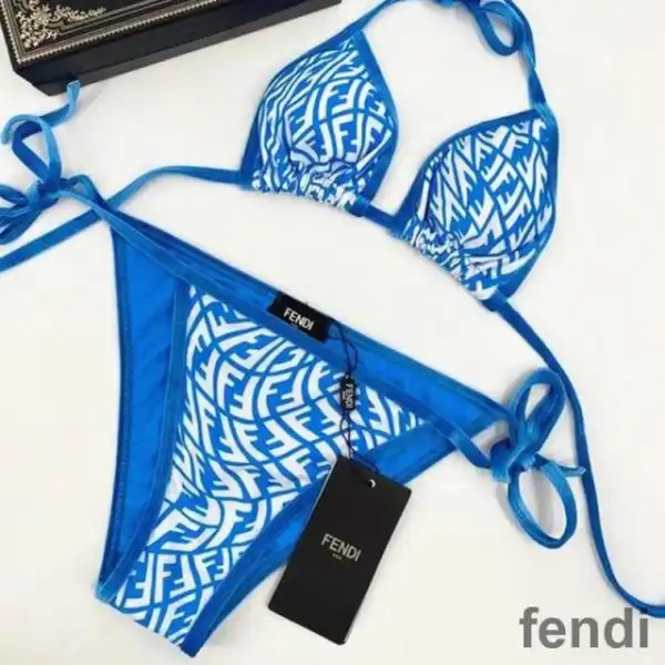 Affordable Fendi Triangular Bikini with Ties Women FF Vertigo Motif Lycra Sky Blue