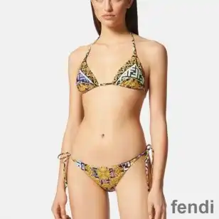 Fendi Triangular Bikini with Ties Women Fendace Baroque Motif Lycra Black