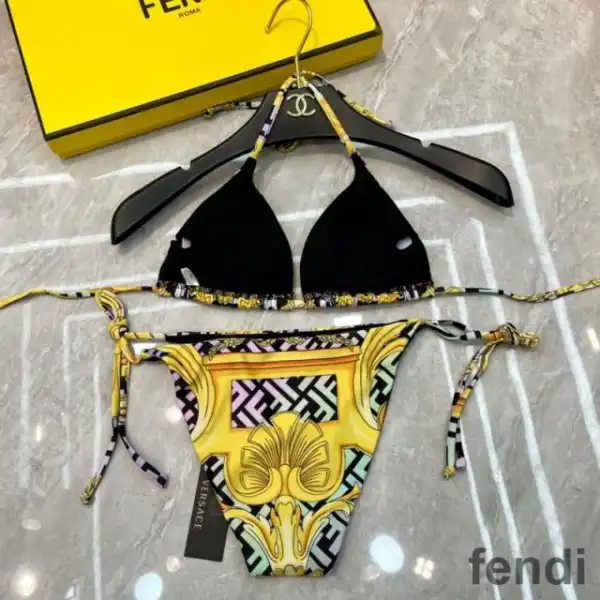 Cheap Fendi Triangular Bikini with Ties Women Fendace Baroque Motif Lycra Black