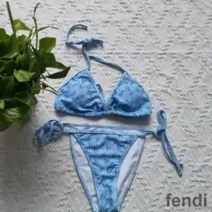 Fendi Triangular Bikini with Ties Women Graphic Logo Motif Lycra Sky Blue