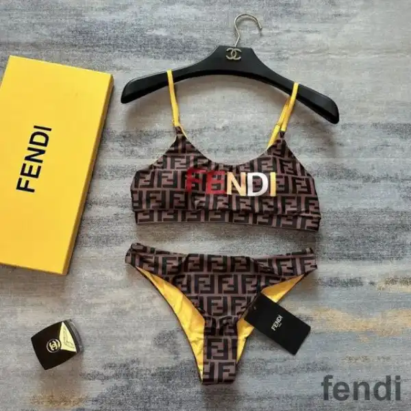 Cheap Fendi Underwear Set Women Fendi FF Motif Lycra Brown Yellow