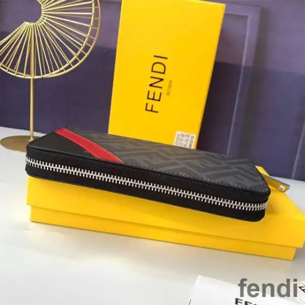 Cheap Fendi Zip Around Wallet In FF Motif Fabric Black Red