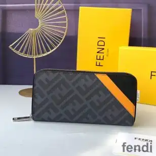 Fendi Zip Around Wallet In FF Motif Fabric Black Yellow