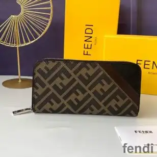 Fendi Zip Around Wallet In FF Motif Fabric Brown Coffee