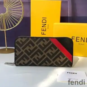 Fendi Zip Around Wallet In FF Motif Fabric Brown Red