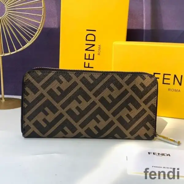 Affordable Fendi Zip Around Wallet In FF Motif Fabric Brown Red