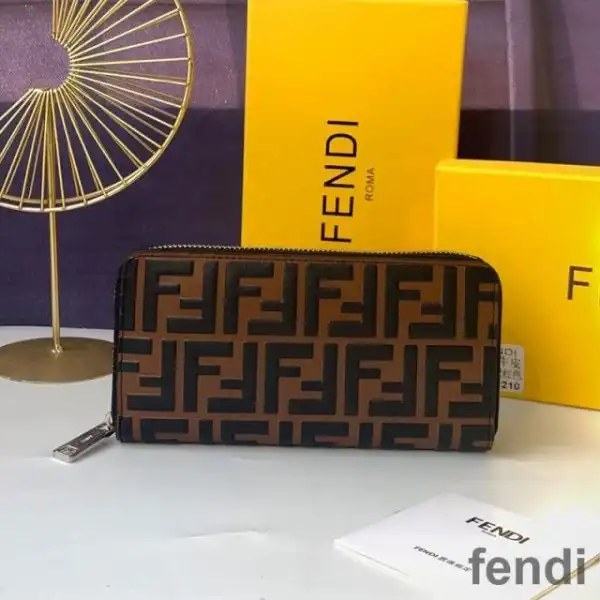 Affordable Fendi Zip Around Wallet In FF Motif Nappa Leather Coffee